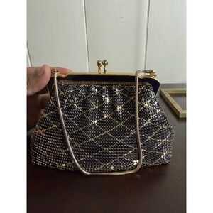 Yuewton Clutch‎ Women's Black & Gold Metal Mesh Purse with Chain Strap Vintage